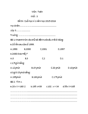 Đề thi cuối học kỳ I môn Toán Lớp 3 - Năm học 2015-2016